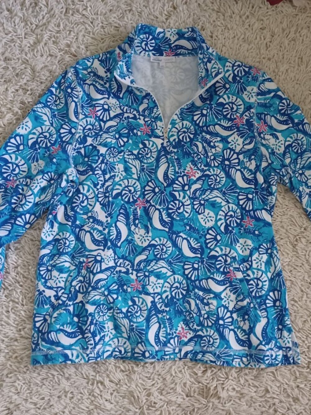 Talbots Hello Saturday Rash Guard Top LP Petite Blue Nautical Print 1/4 Zip UPF